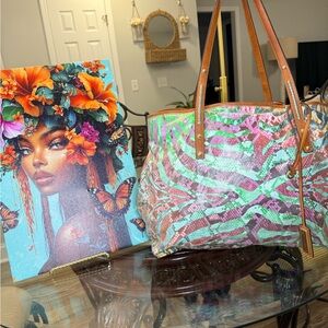 Jimmy Choo Pink, Green & Tan Zebra Print Tote